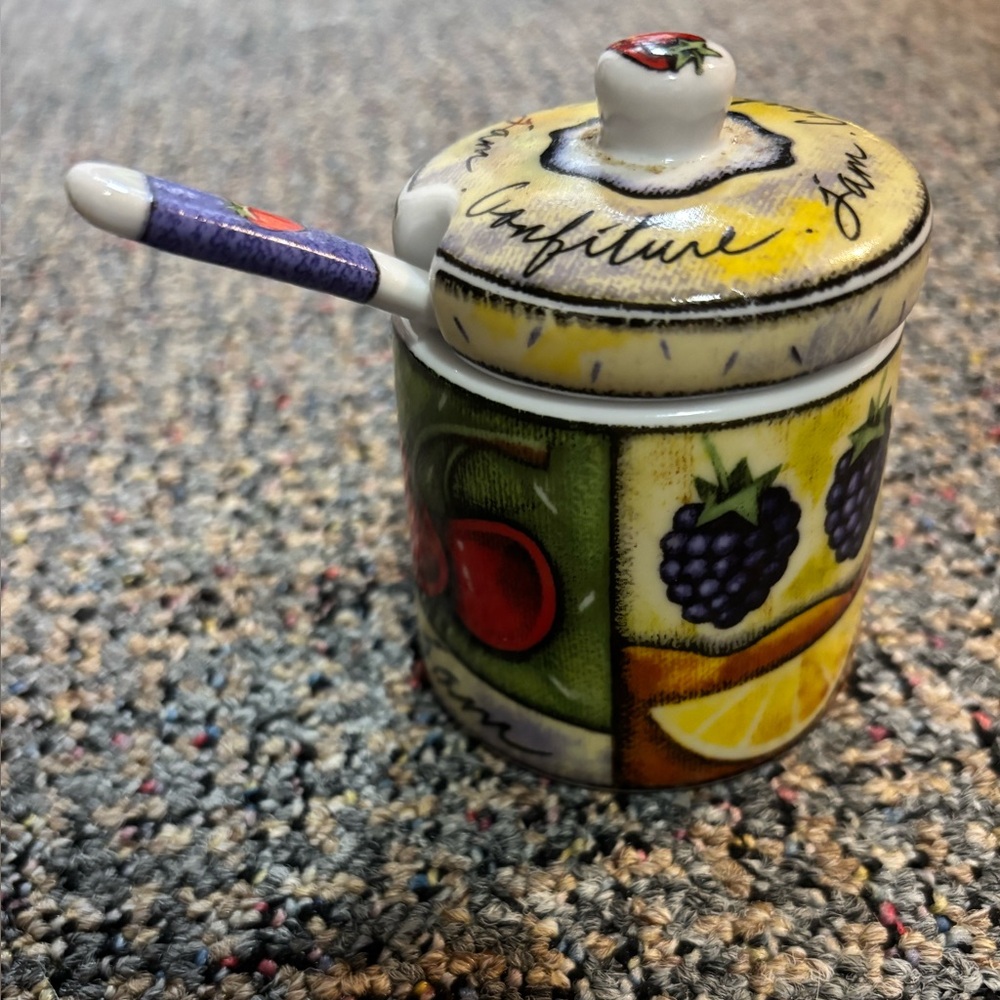 MSC JOIE DE VIVRE VINTAGE JAM JELLY JAR W SPOON GUC FRUITS